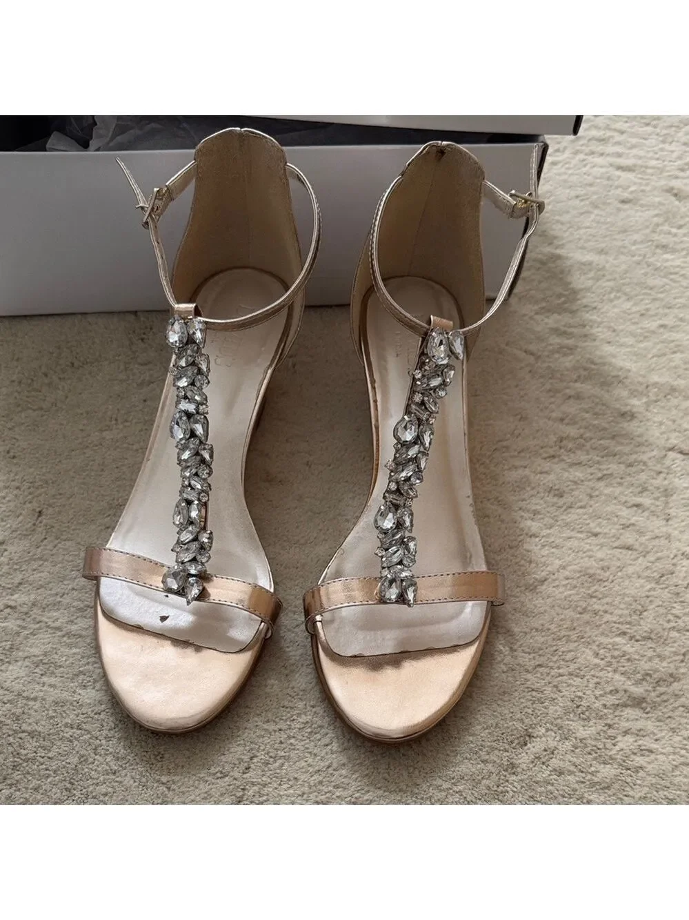 David’s Bridal Mina Rose Gold Elegant Women's wedge Sandals w/Crystals Detail